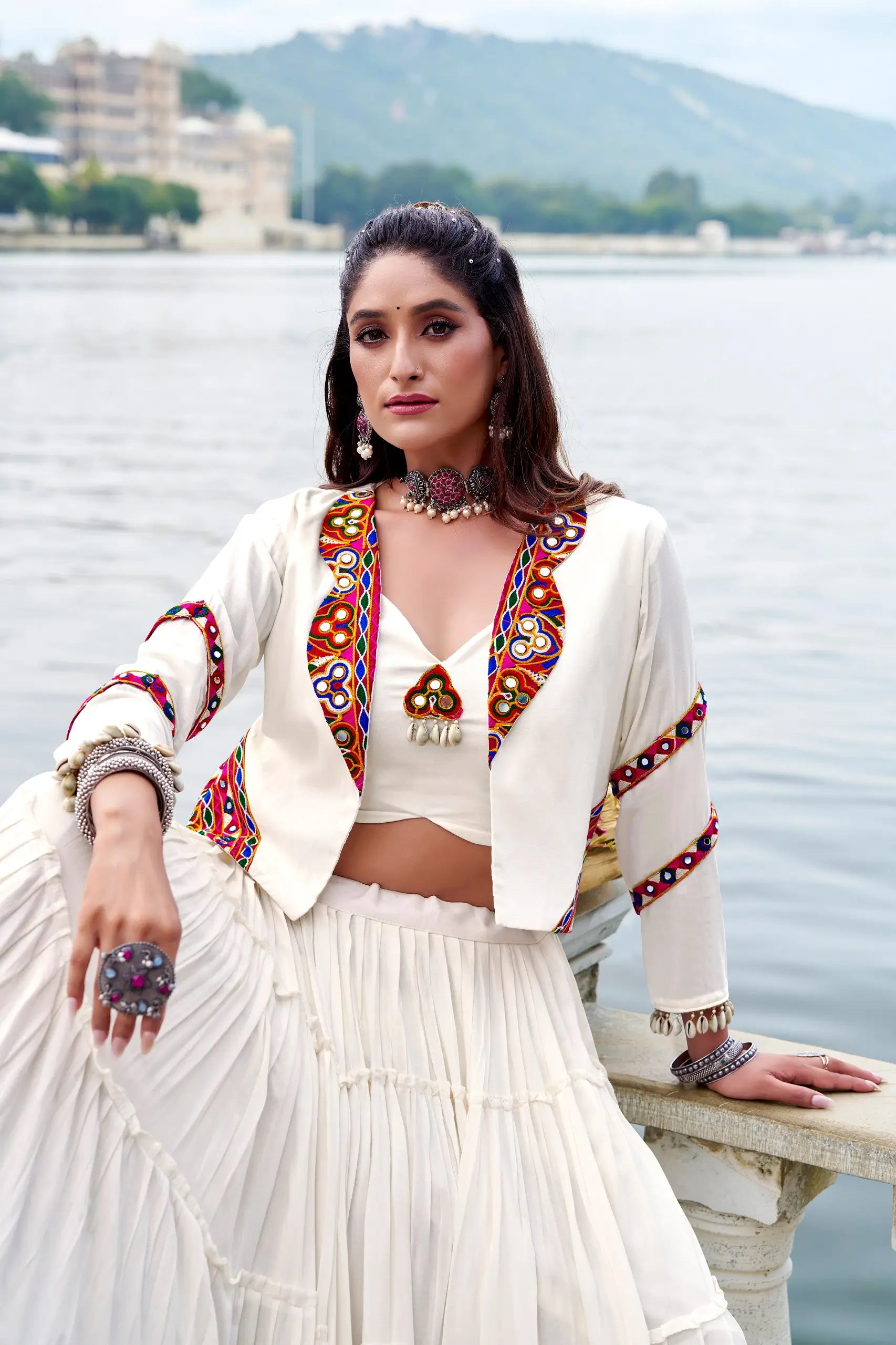 Rayon Mirror Gamthi Work Lehenga with Koti Set