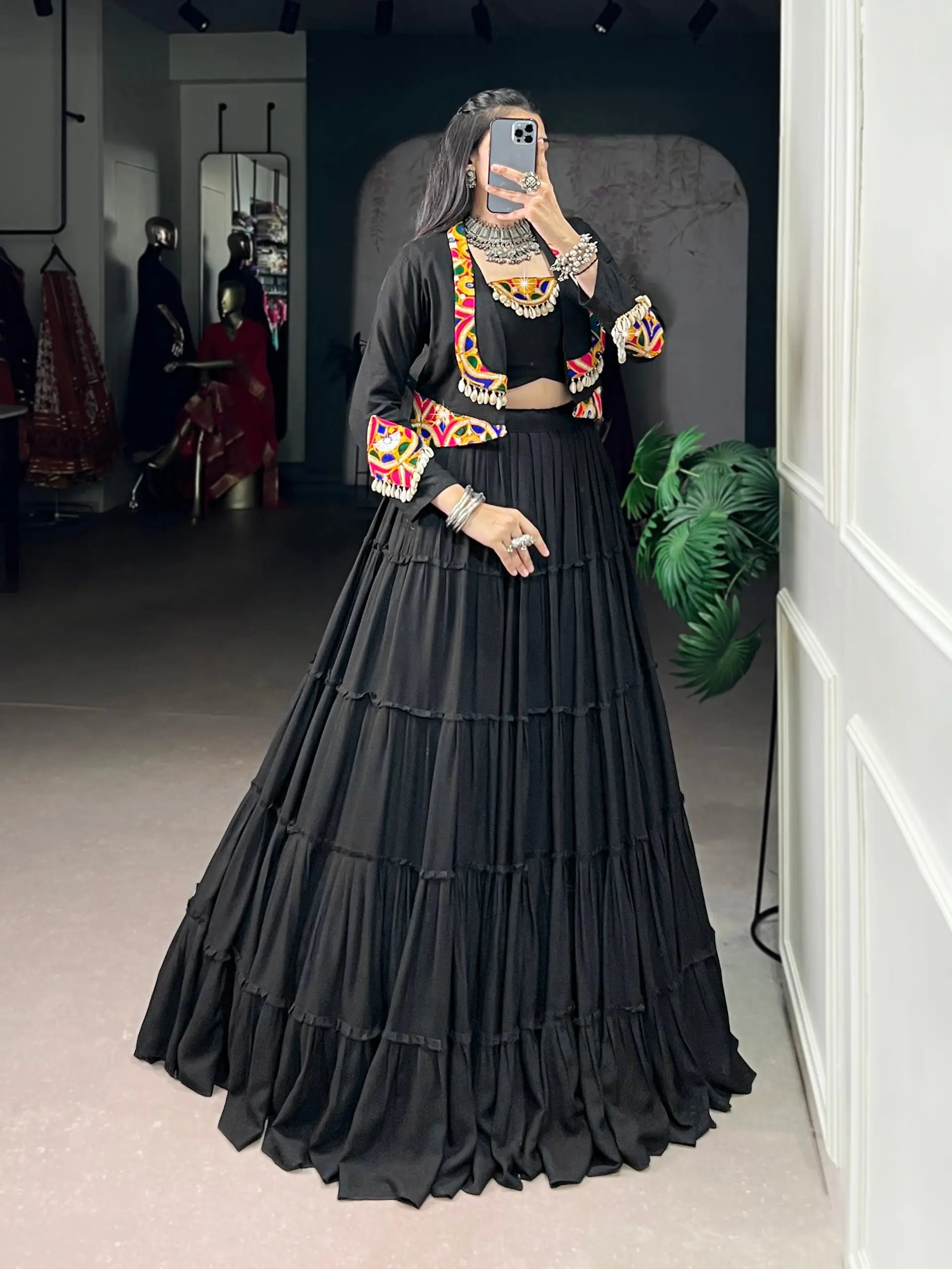 Rayon Mirror Gamthi Work Lehenga with Koti Set