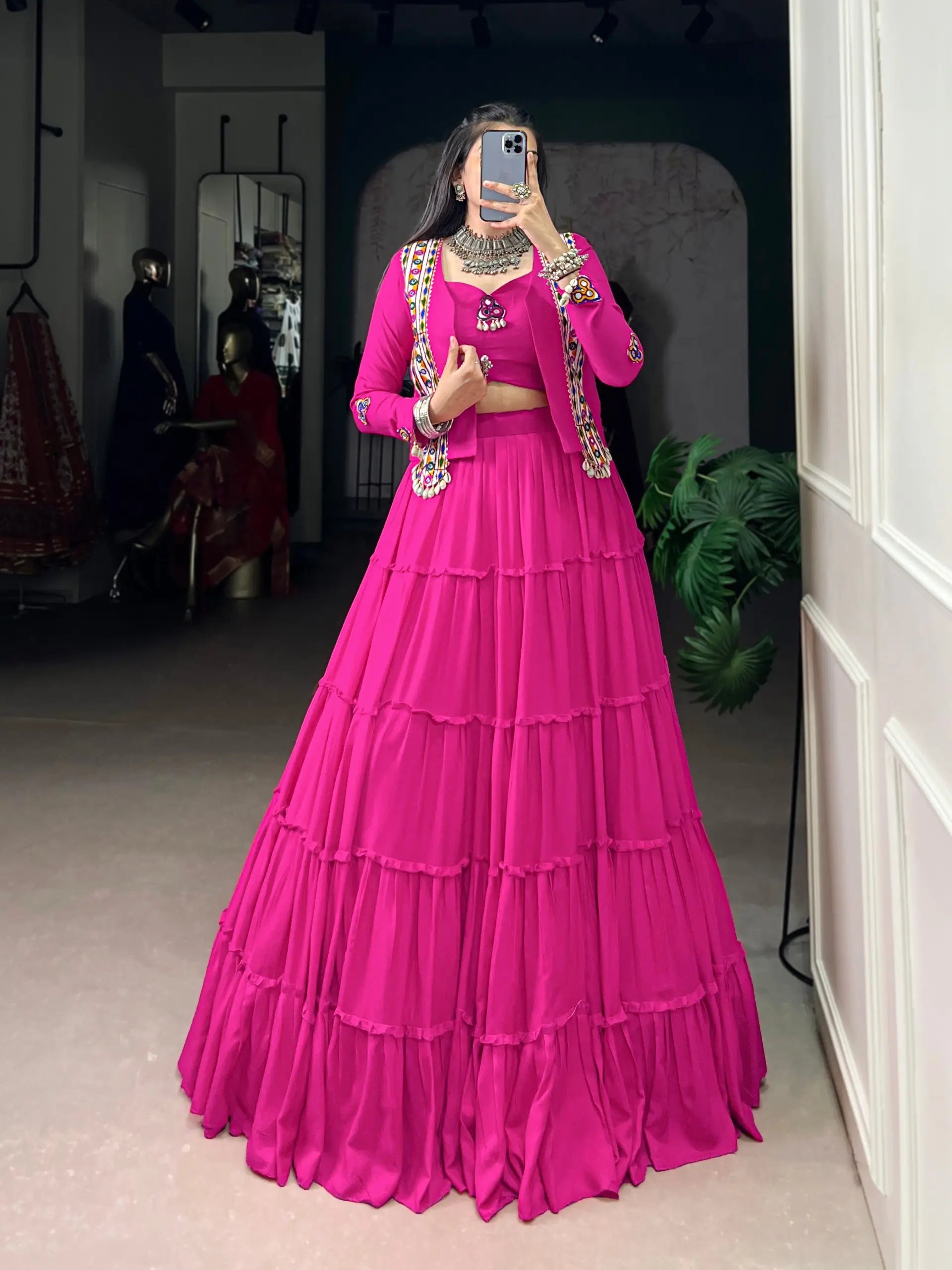 Rayon Mirror Gamthi Work Lehenga with Koti Set