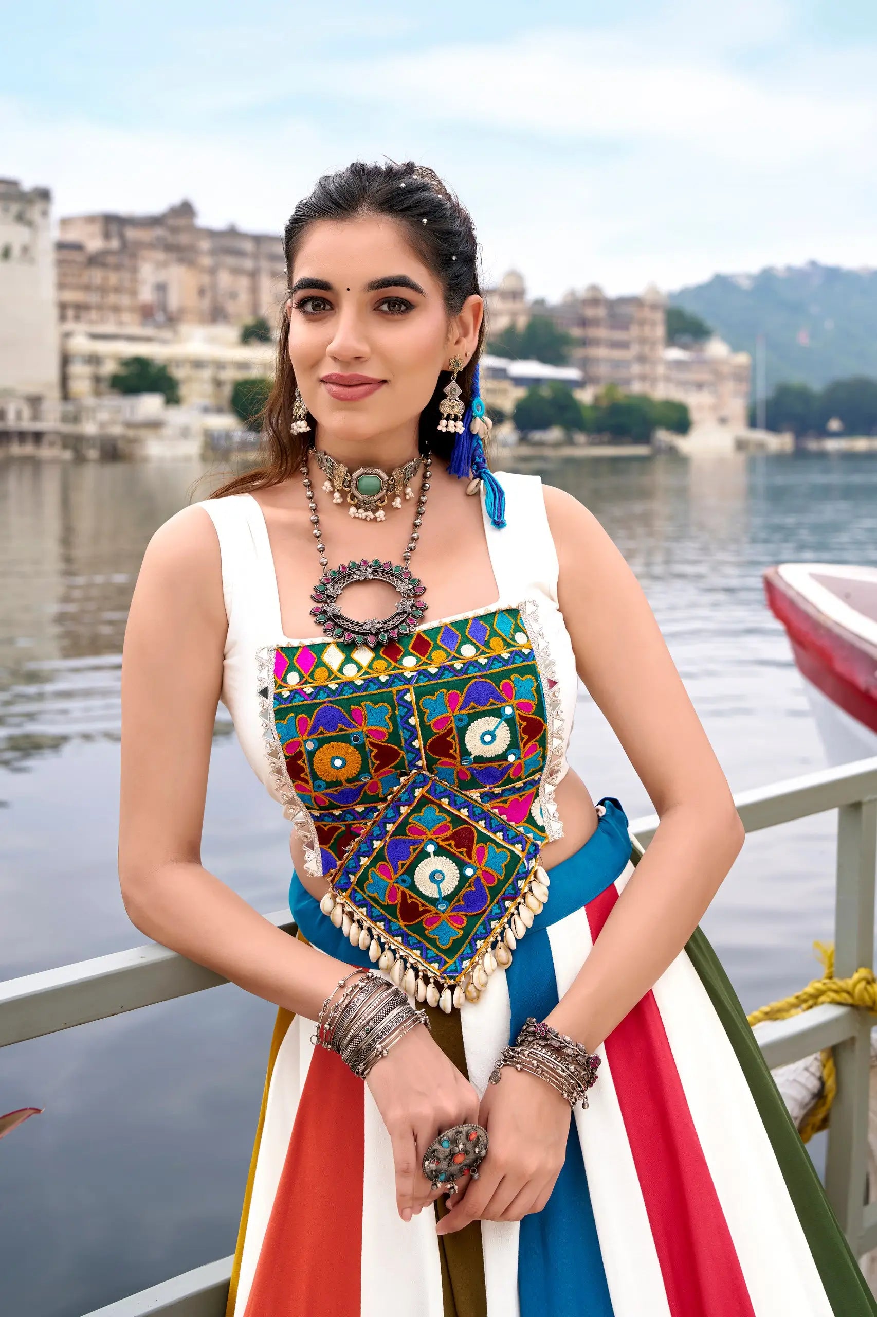 Rayon Mirror Gamthi Work Multicolor Lehenga Set