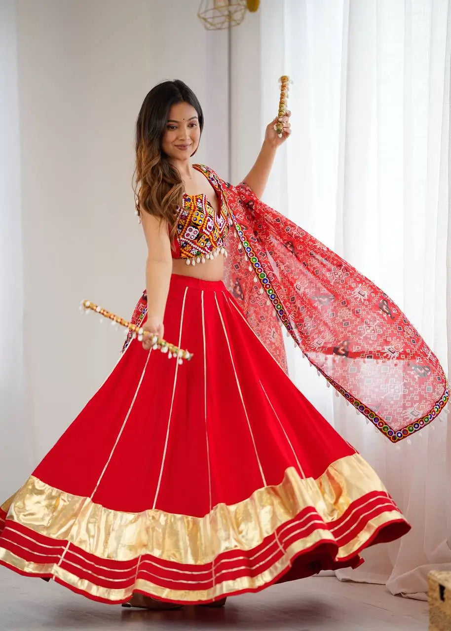 Rayon Mirror Work Lehenga Set with Gamthi Embroidered Blouse