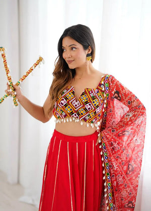 Rayon Mirror Work Lehenga Set with Gamthi Embroidered Blouse