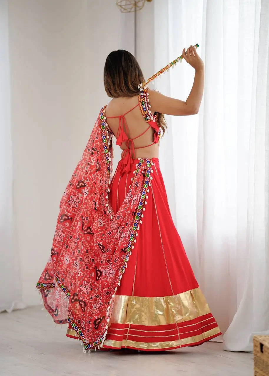 Rayon Mirror Work Lehenga Set with Gamthi Embroidered Blouse