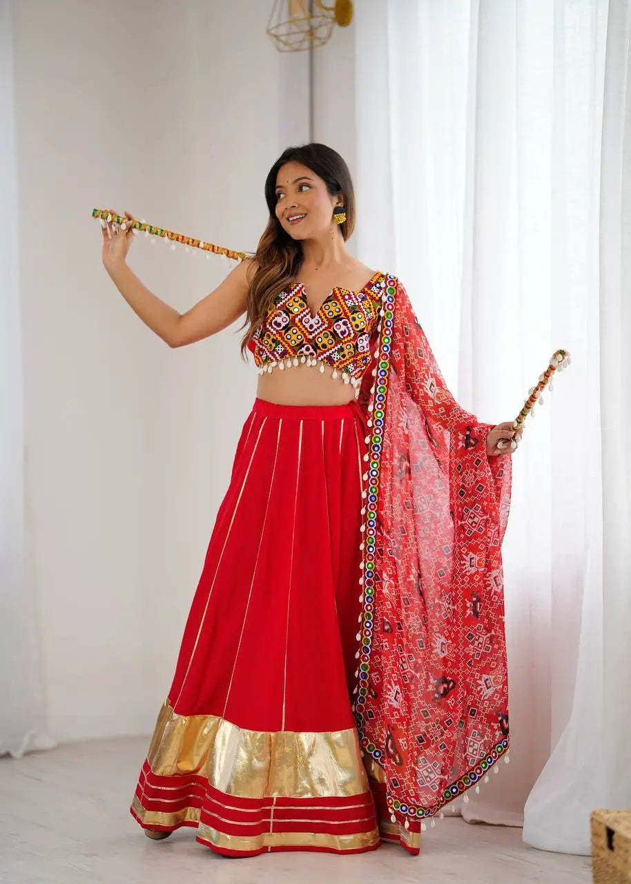 Rayon Mirror Work Lehenga Set with Gamthi Embroidered Blouse