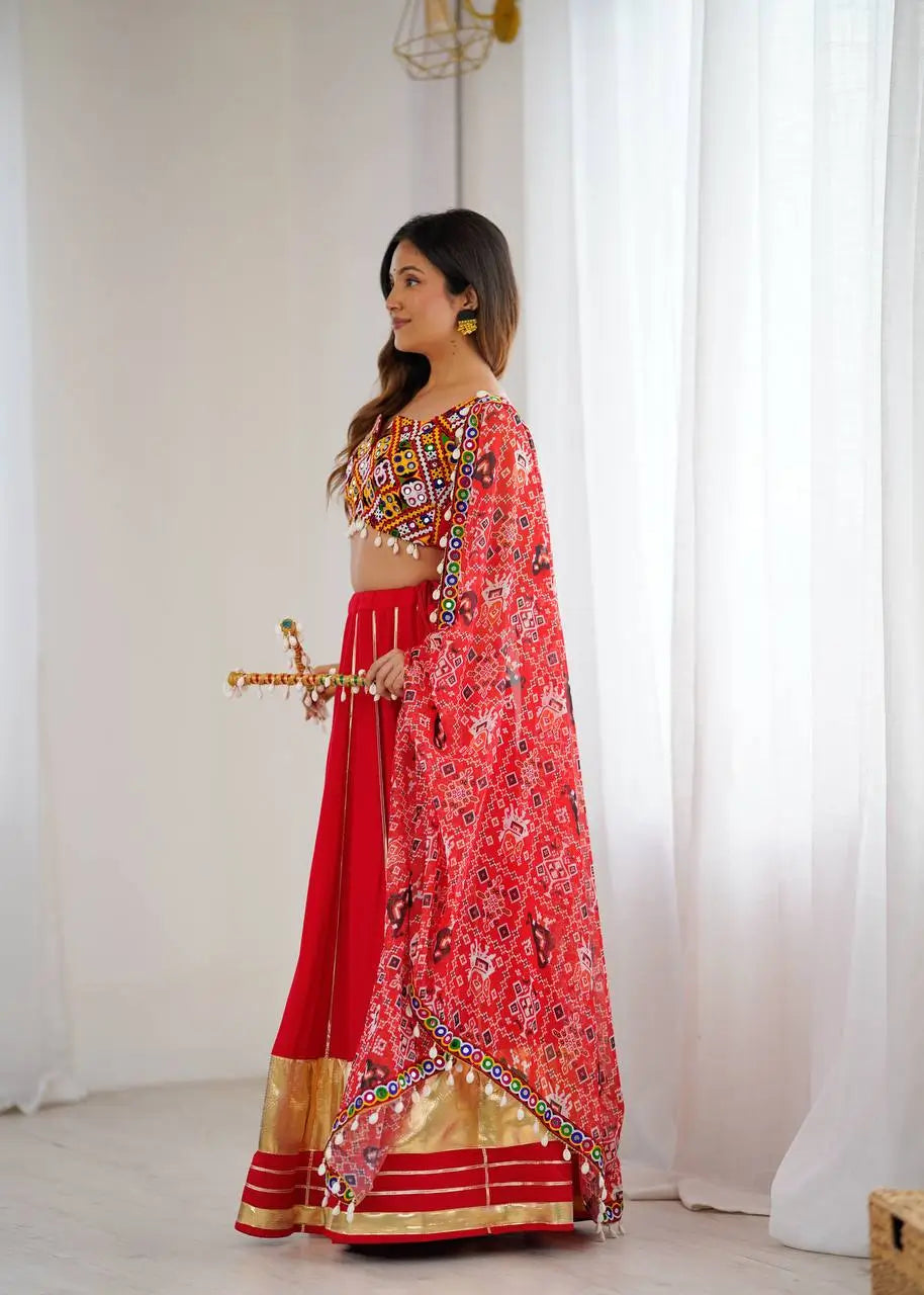 Rayon Mirror Work Lehenga Set with Gamthi Embroidered Blouse