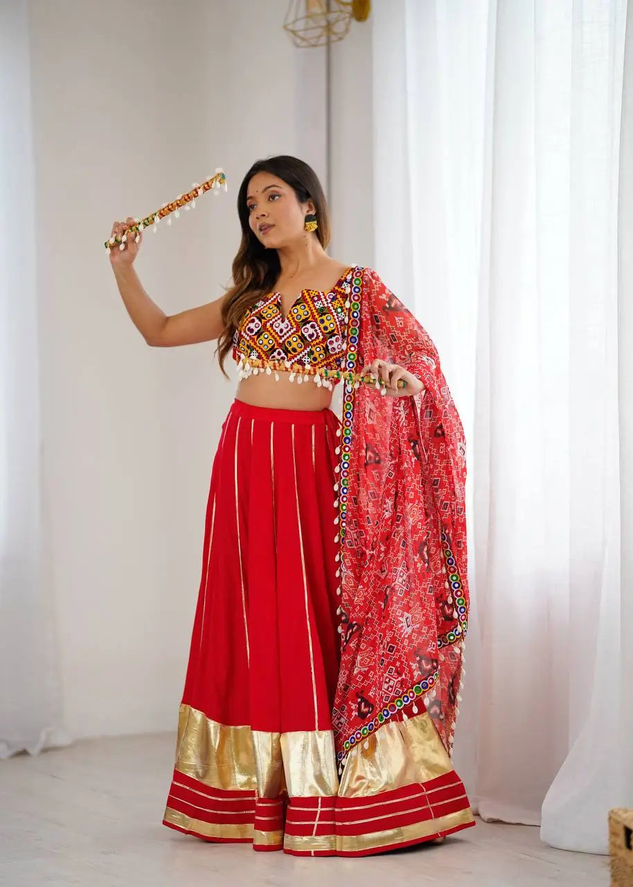 Rayon Mirror Work Lehenga Set with Gamthi Embroidered Blouse