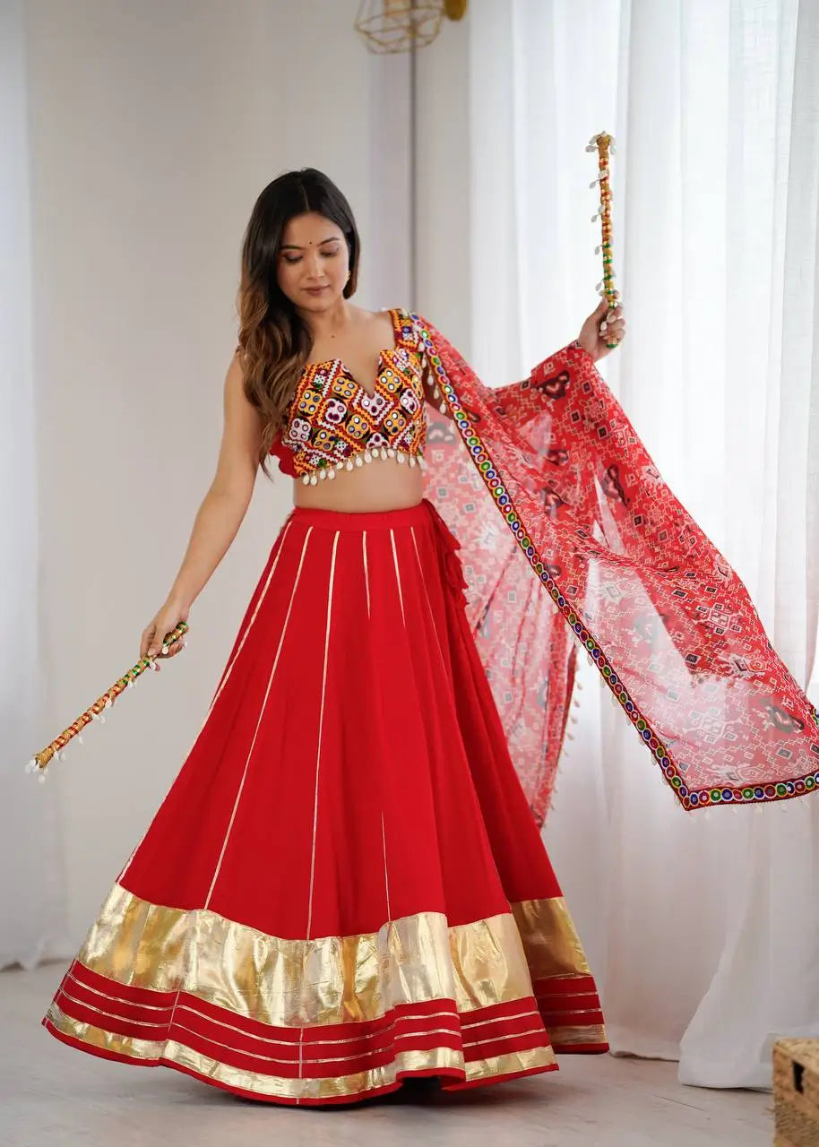 Rayon Mirror Work Lehenga Set with Gamthi Embroidered Blouse