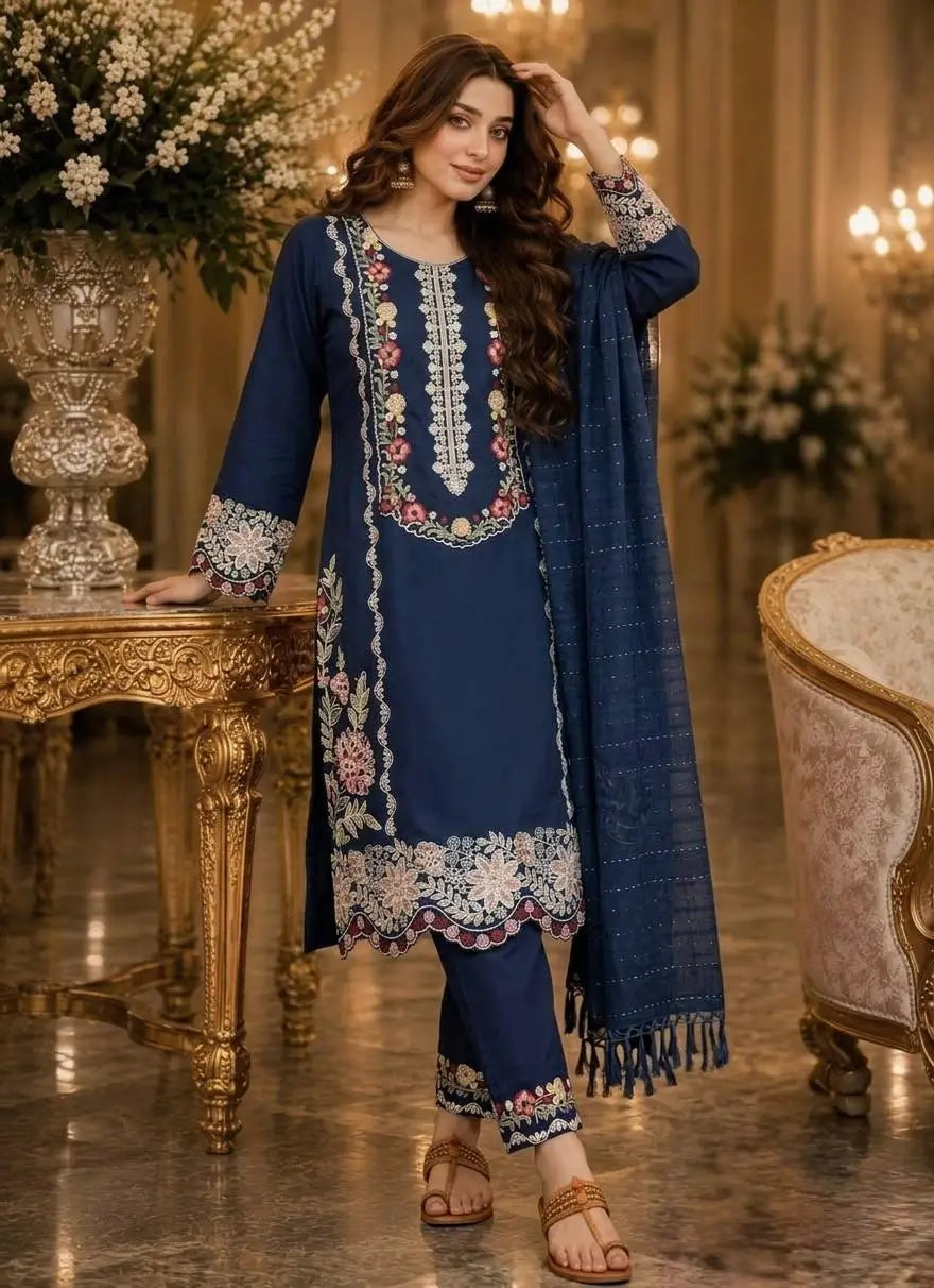Rayon Satin Threadwork Suit