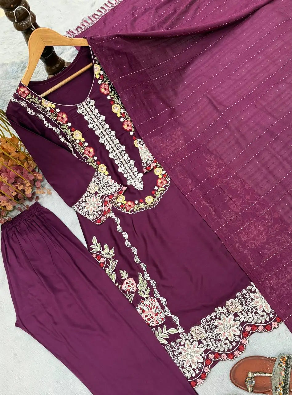 Rayon Satin Threadwork Suit
