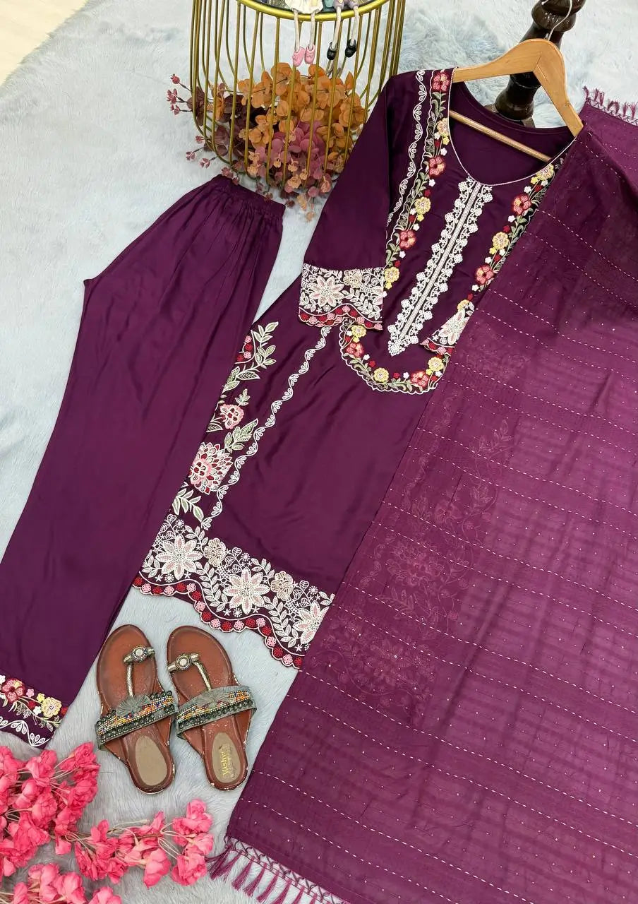 Rayon Satin Threadwork Suit