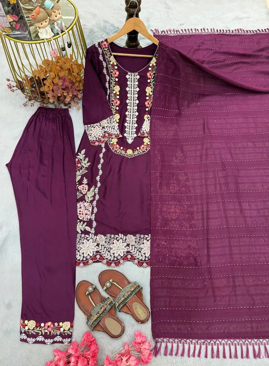 Rayon Satin Threadwork Suit