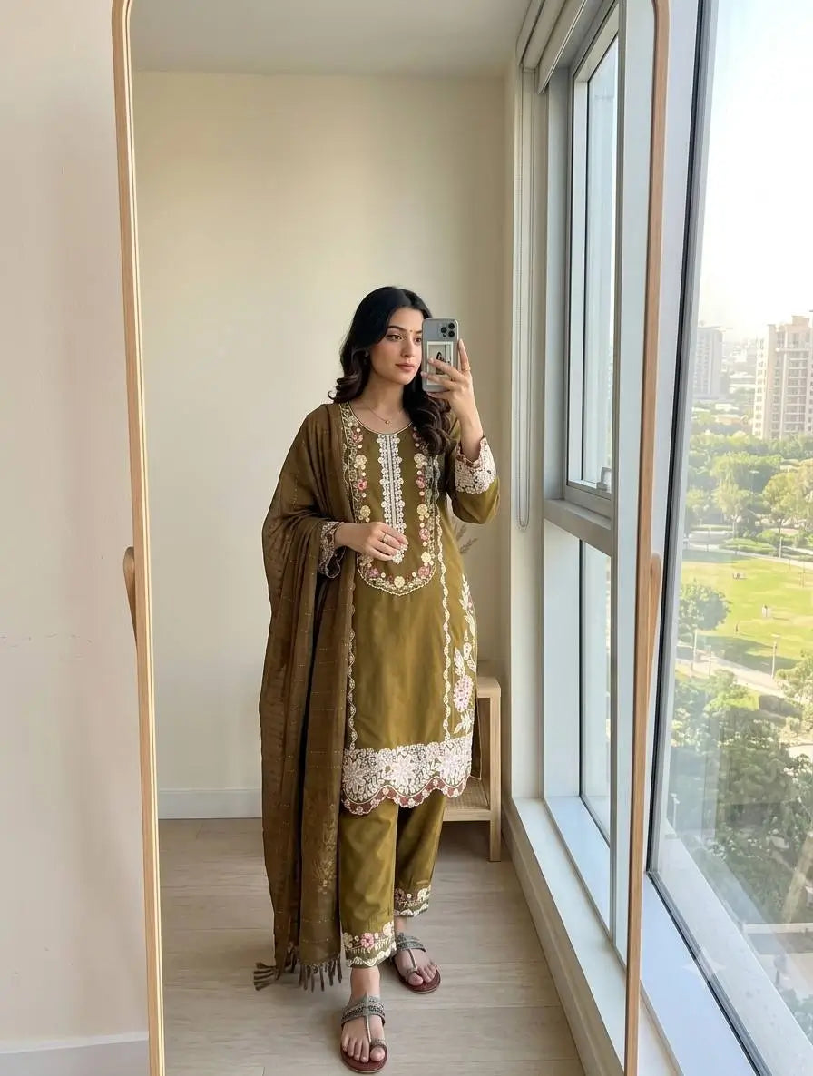 Rayon Satin Threadwork Suit
