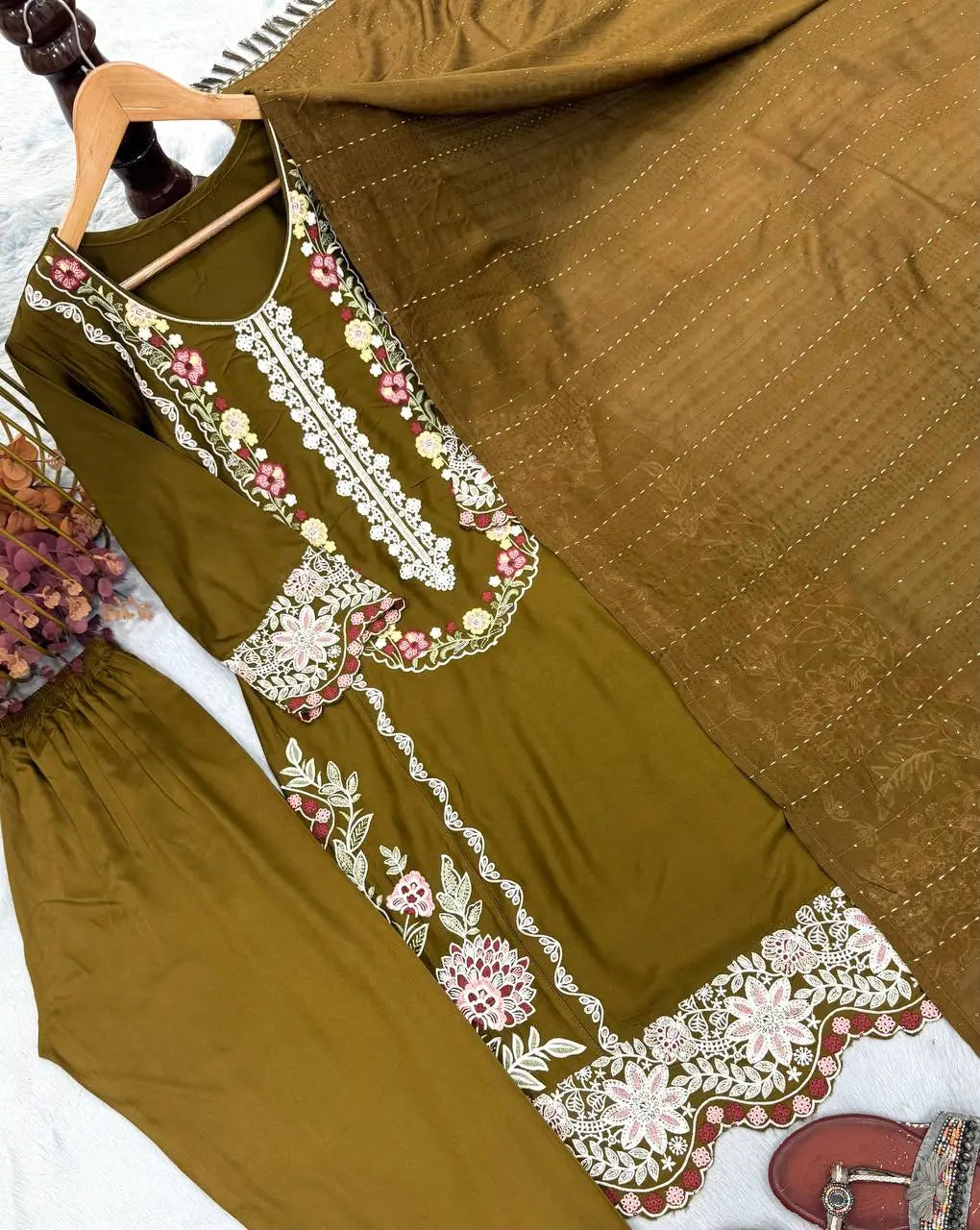 Rayon Satin Threadwork Suit
