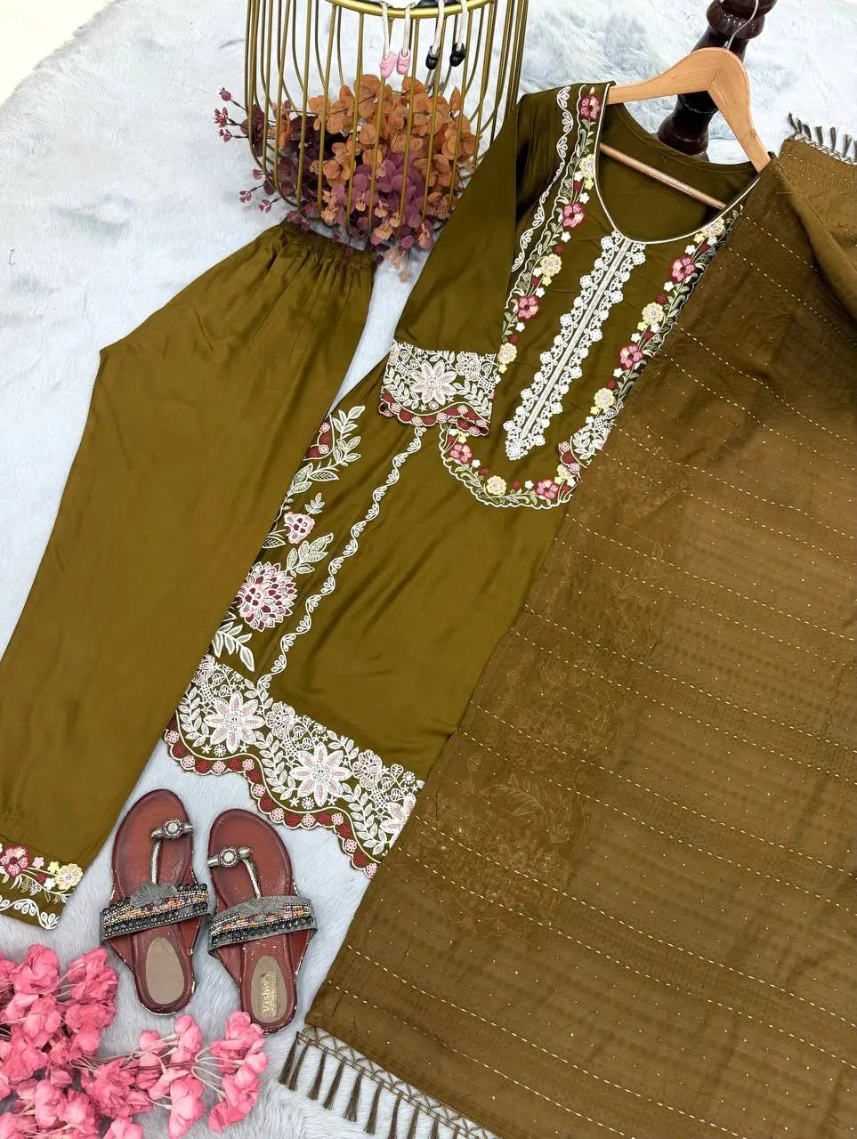 Rayon Satin Threadwork Suit