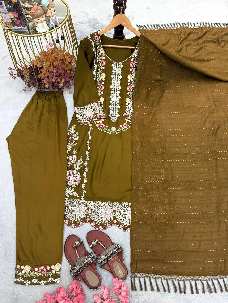 Rayon Satin Threadwork Suit