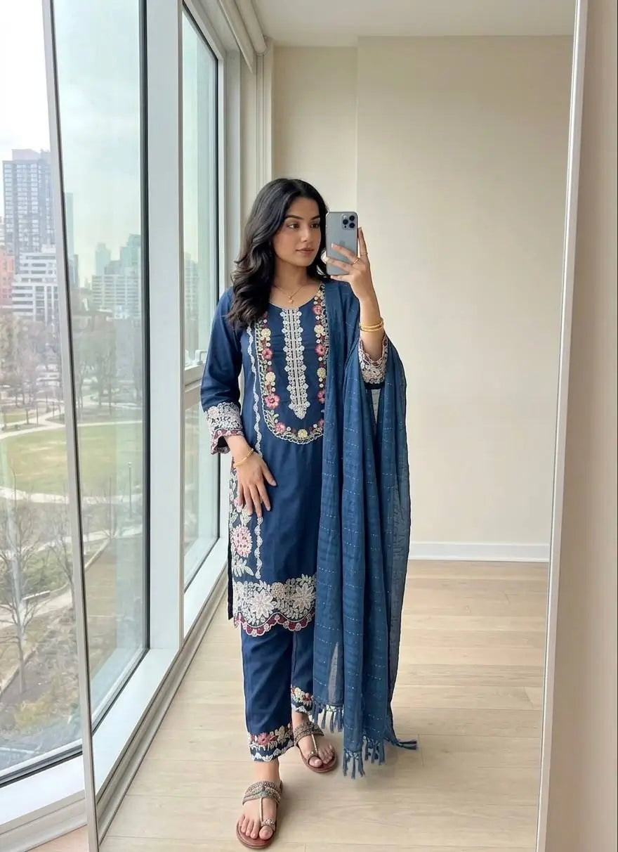 Rayon Satin Threadwork Suit