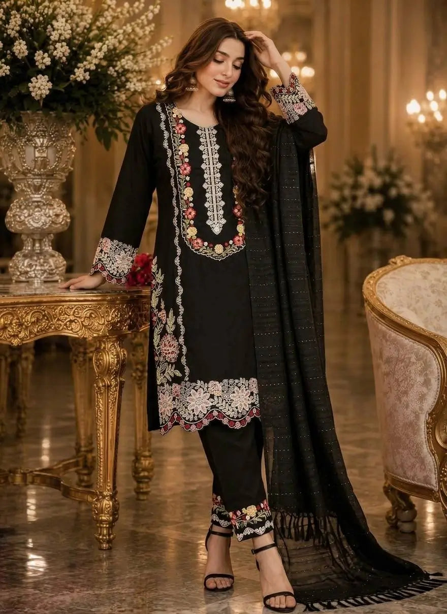 Rayon Satin Threadwork Suit