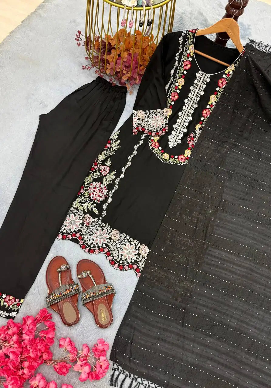 Rayon Satin Threadwork Suit