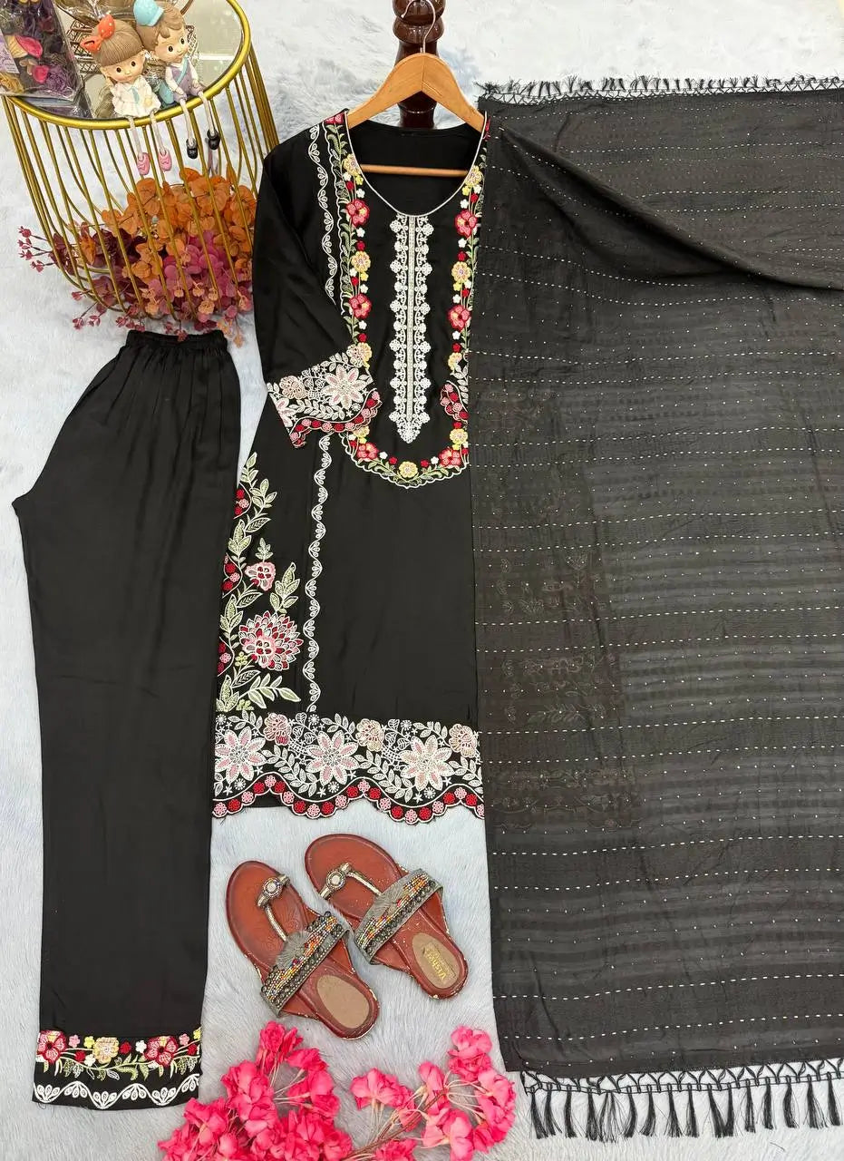 Rayon Satin Threadwork Suit