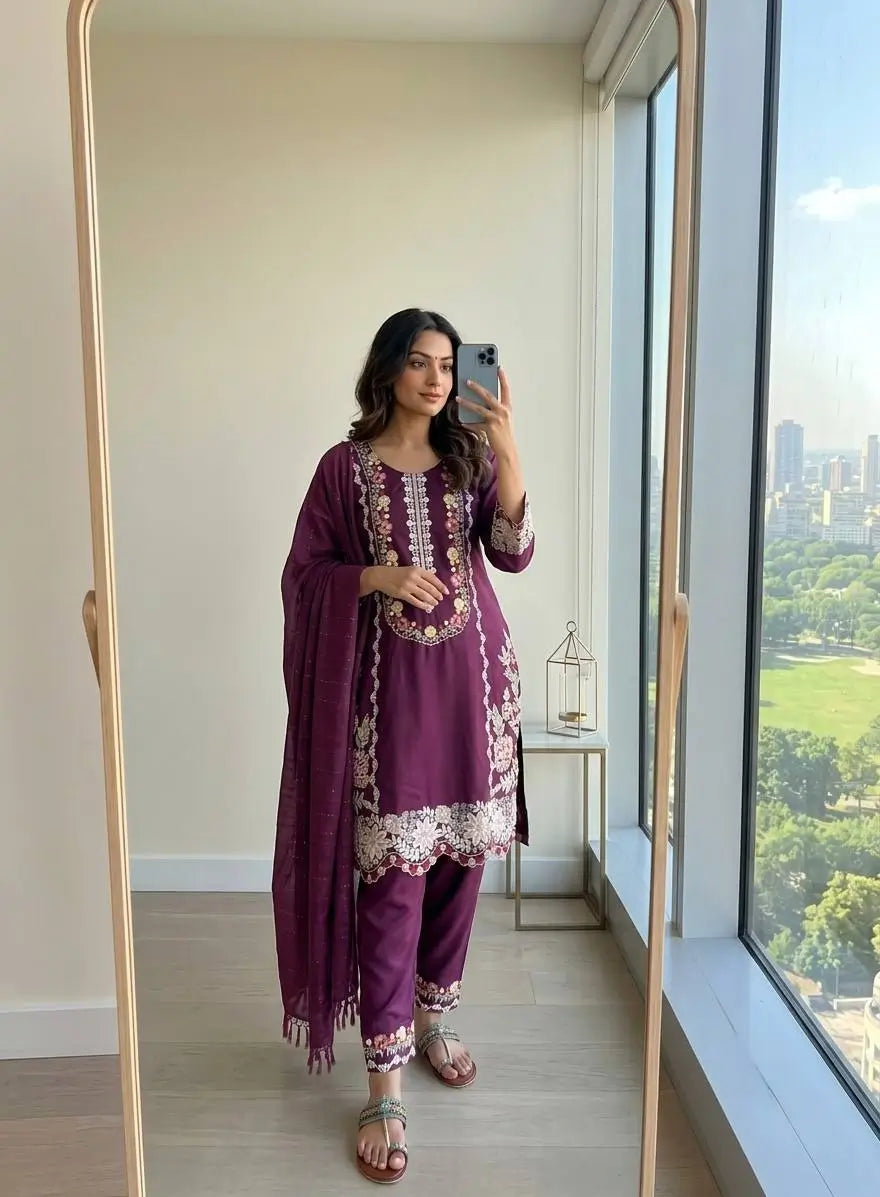 Rayon Satin Threadwork Suit