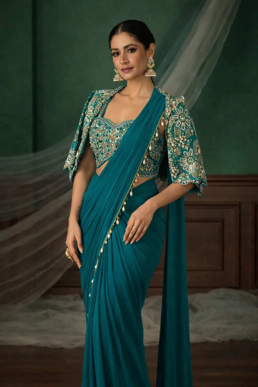 Ready to Wear Crepe Silk Saree with Embroidered Jacket and Blouse