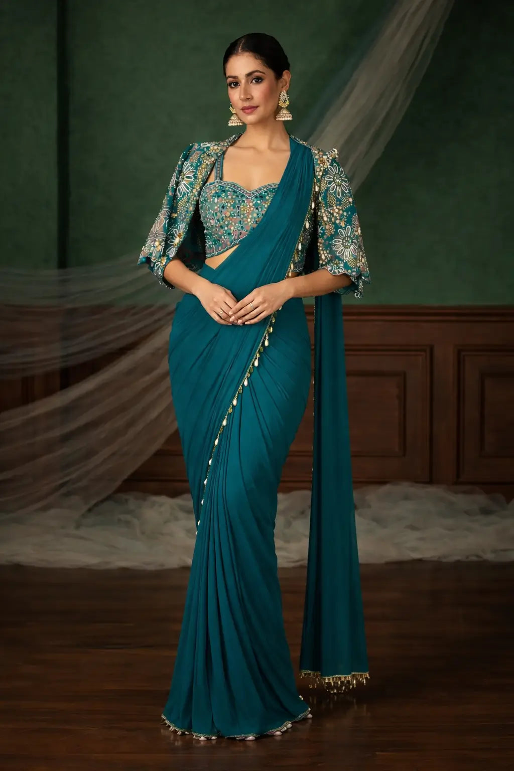 Ready to Wear Crepe Silk Saree with Embroidered Jacket and Blouse