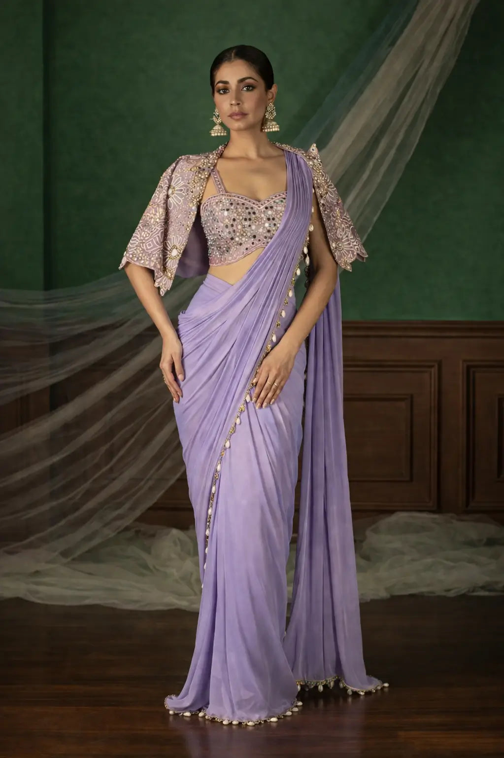 Ready to Wear Crepe Silk Saree with Embroidered Jacket and Blouse