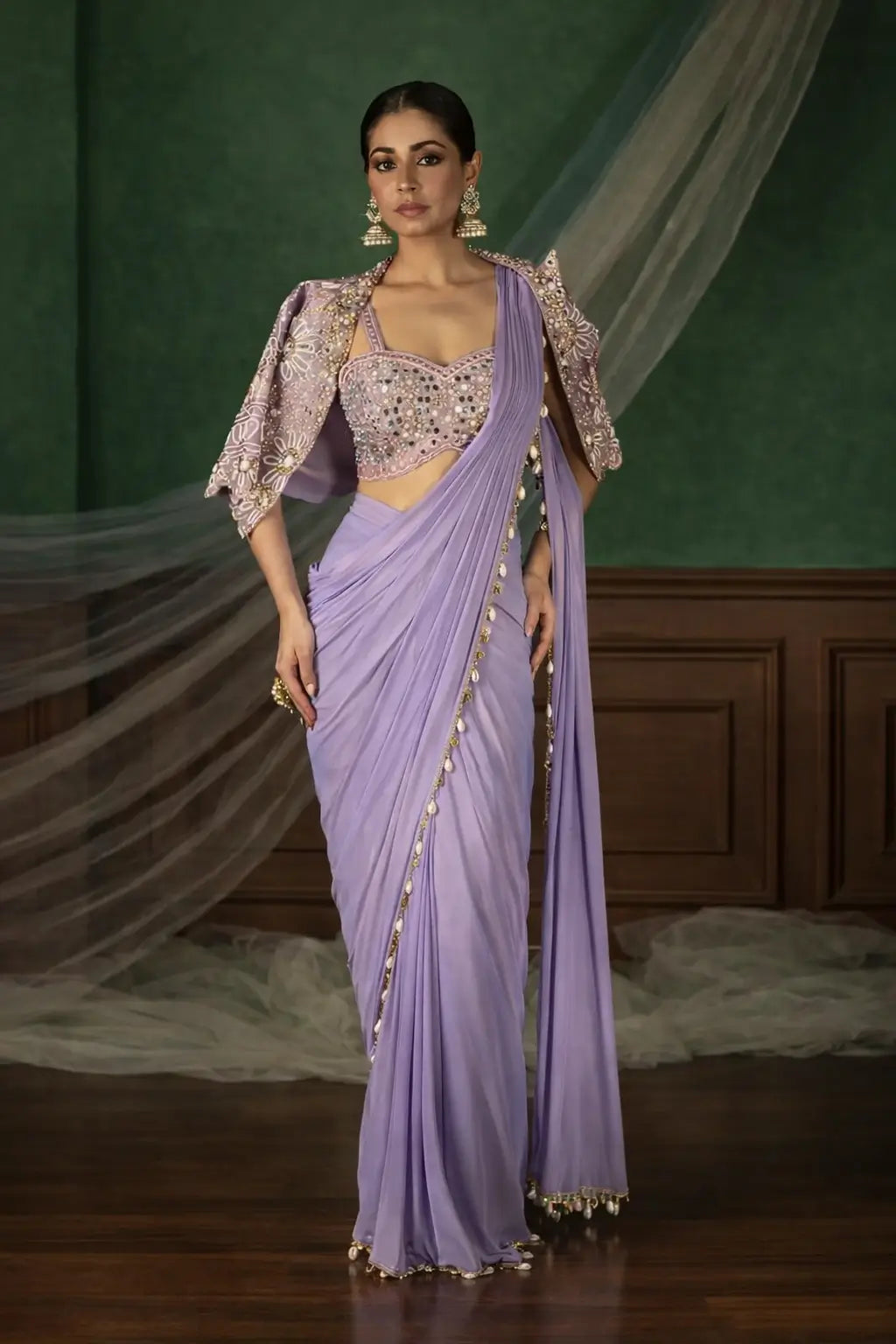 Ready to Wear Crepe Silk Saree with Embroidered Jacket and Blouse