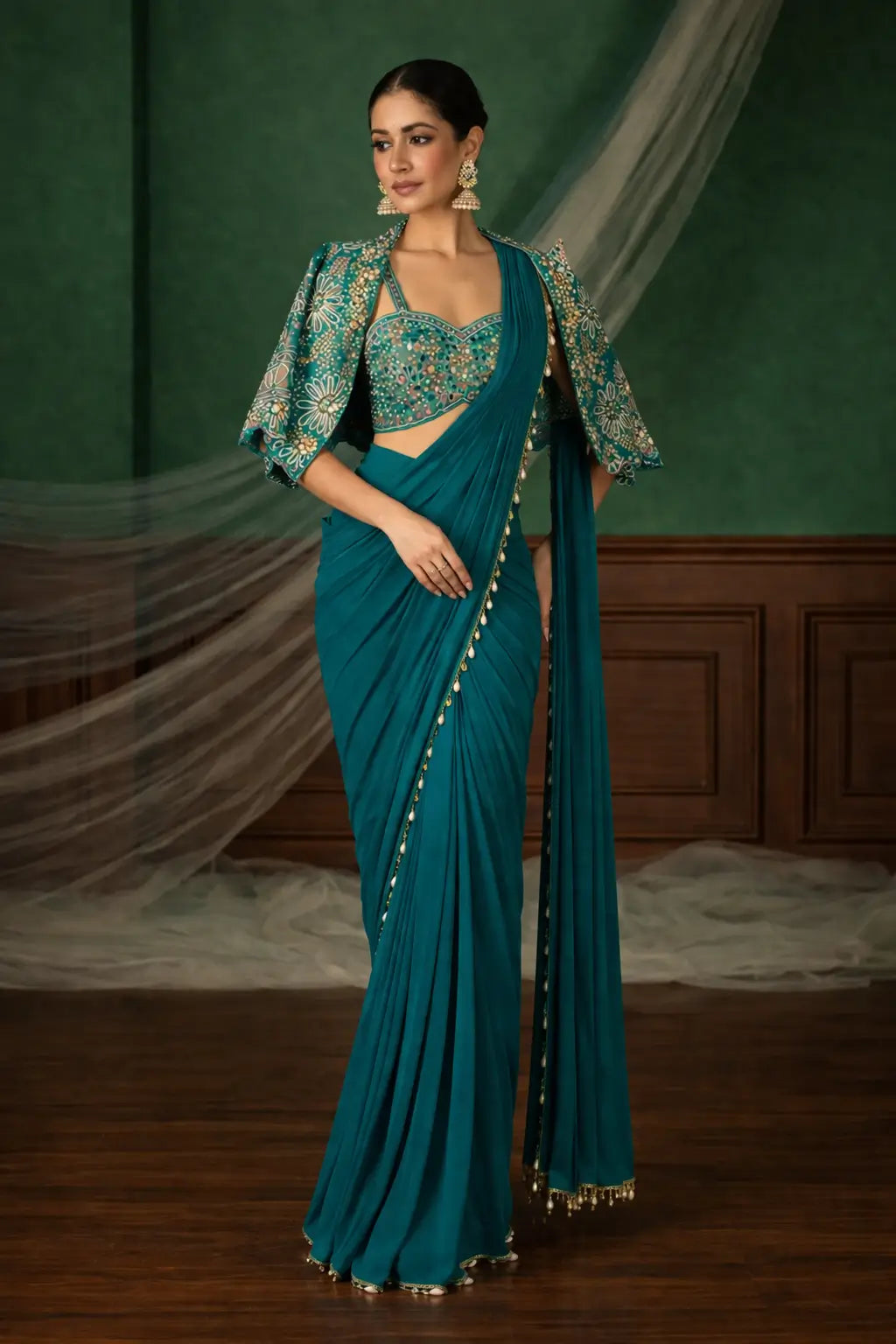Ready to Wear Crepe Silk Saree with Embroidered Jacket and Blouse