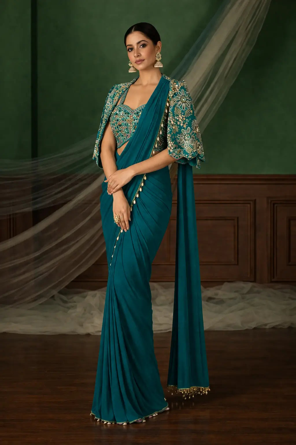 Ready to Wear Crepe Silk Saree with Embroidered Jacket and Blouse