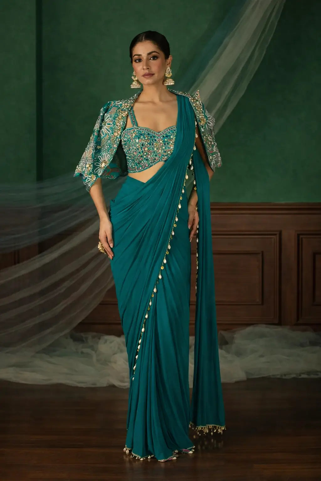 Ready to Wear Crepe Silk Saree with Embroidered Jacket and Blouse