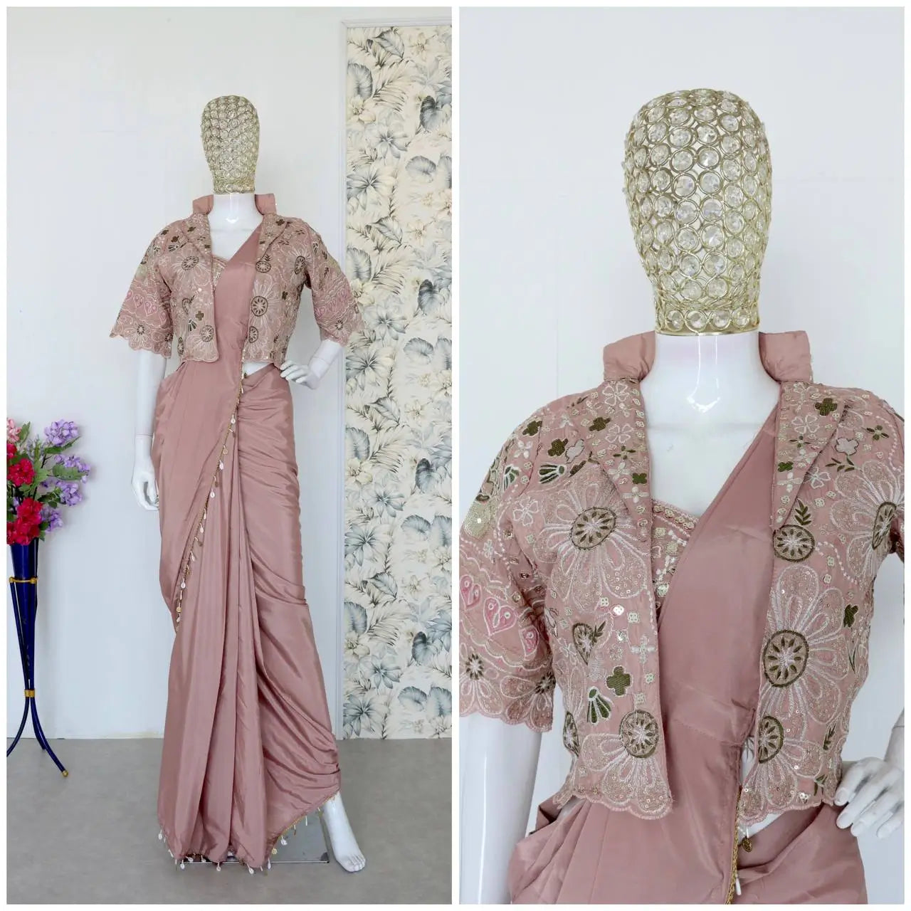 Ready to Wear Crepe Silk Saree with Embroidered Jacket and Blouse