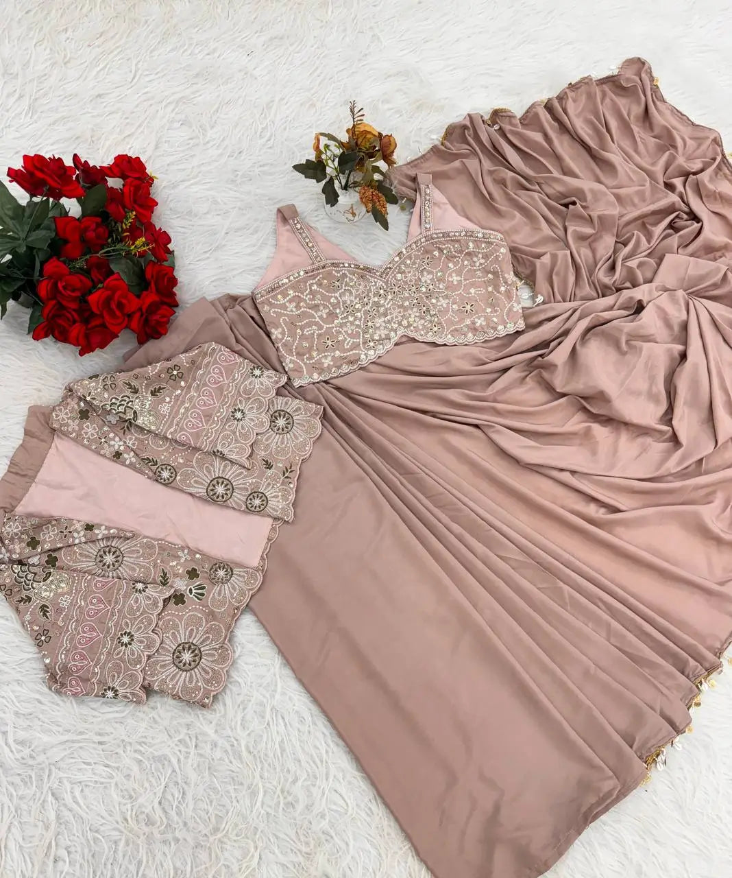 Ready to Wear Crepe Silk Saree with Embroidered Jacket and Blouse