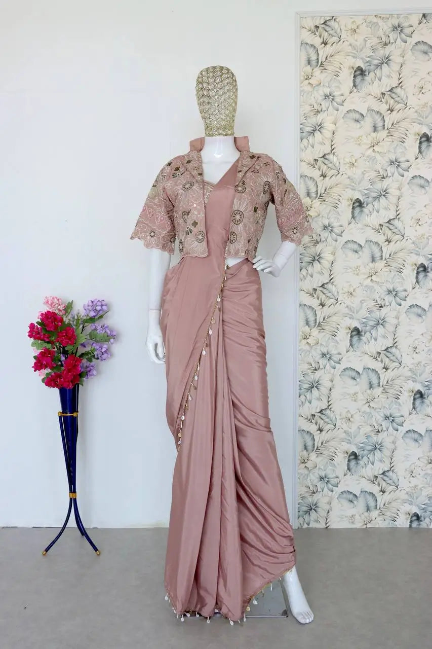 Ready to Wear Crepe Silk Saree with Embroidered Jacket and Blouse
