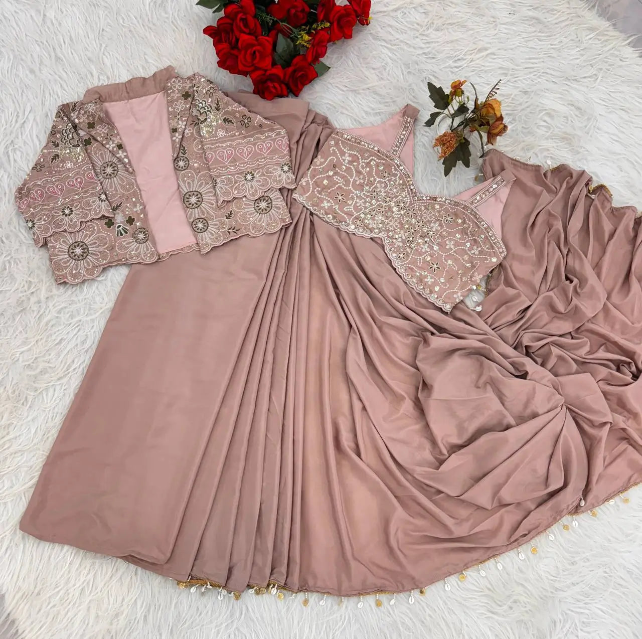 Ready to Wear Crepe Silk Saree with Embroidered Jacket and Blouse