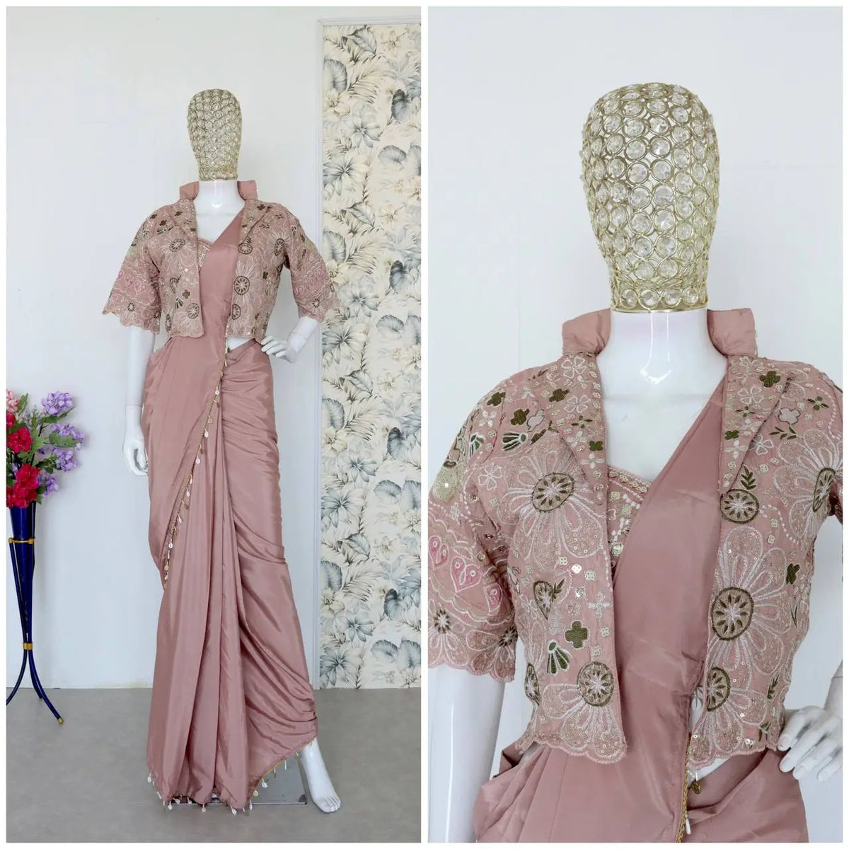 Ready to Wear Crepe Silk Saree with Embroidered Jacket and Blouse