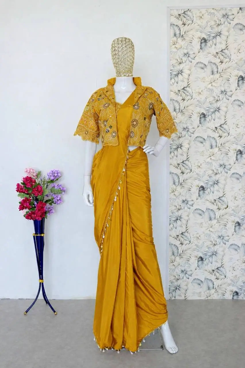 Ready to Wear Crepe Silk Saree with Embroidered Jacket and Blouse