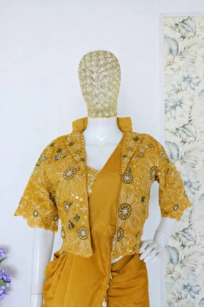 Ready to Wear Crepe Silk Saree with Embroidered Jacket and Blouse