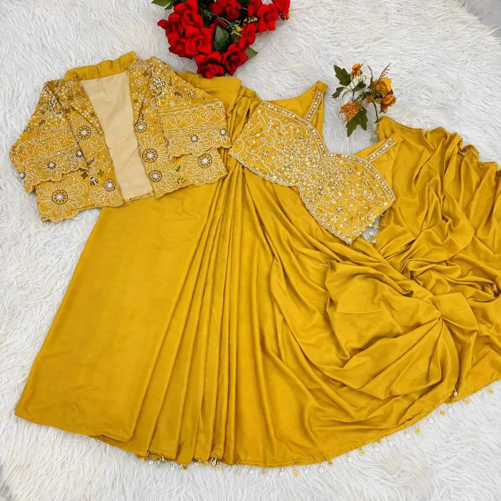 Ready to Wear Crepe Silk Saree with Embroidered Jacket and Blouse