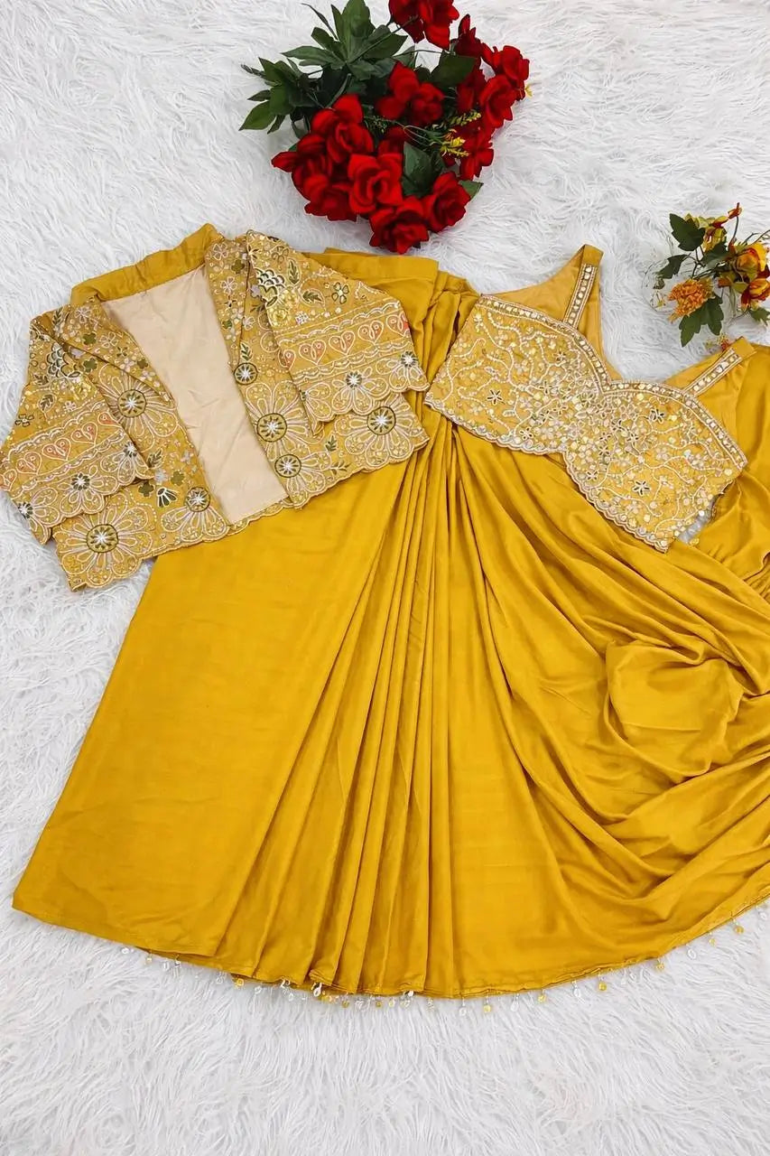 Ready to Wear Crepe Silk Saree with Embroidered Jacket and Blouse