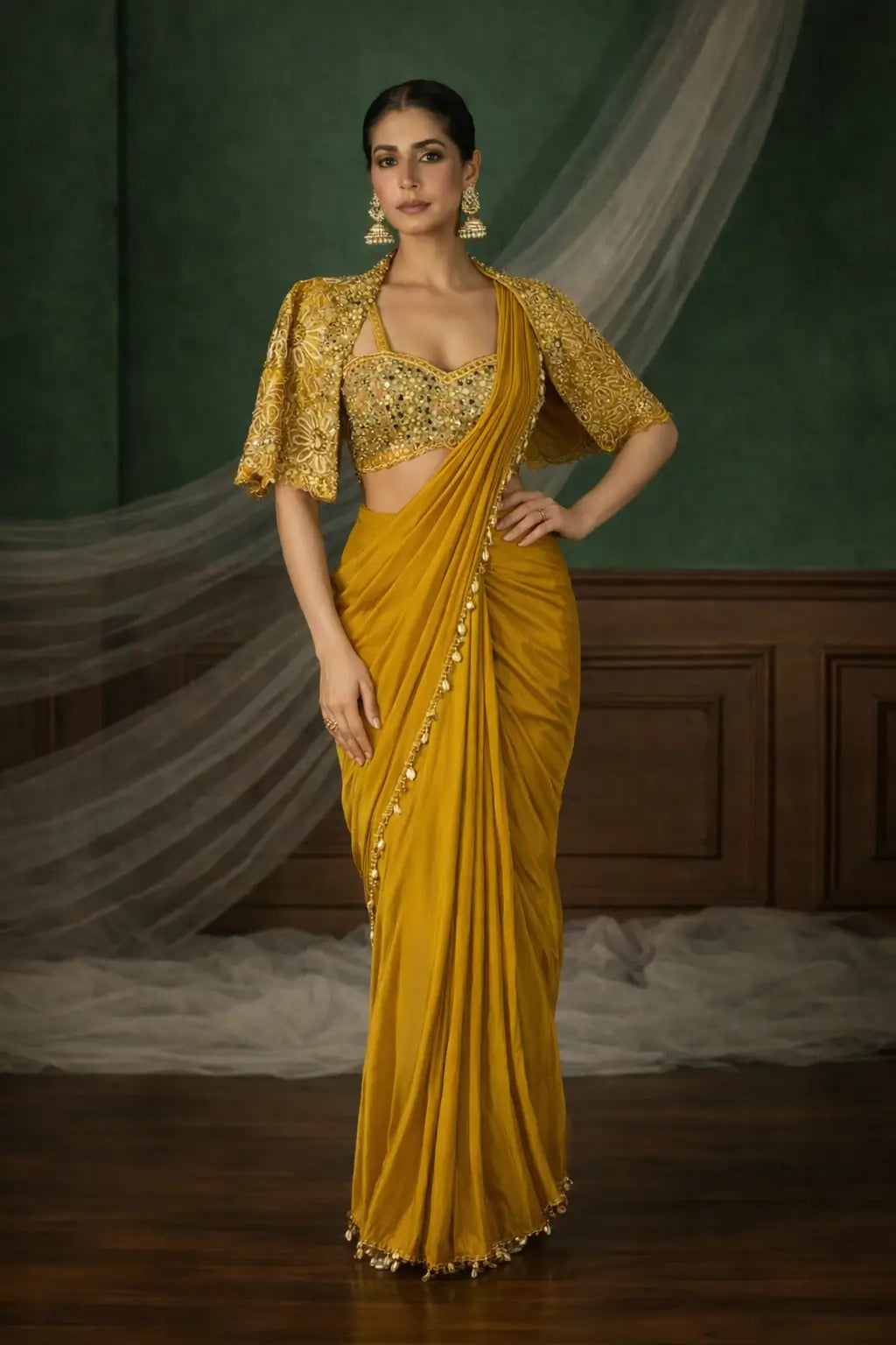 Ready to Wear Crepe Silk Saree with Embroidered Jacket and Blouse