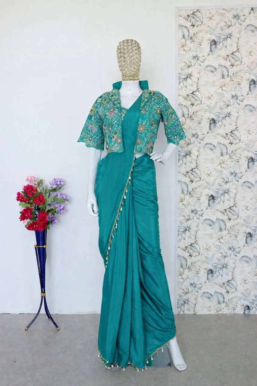 Ready to Wear Crepe Silk Saree with Embroidered Jacket and Blouse
