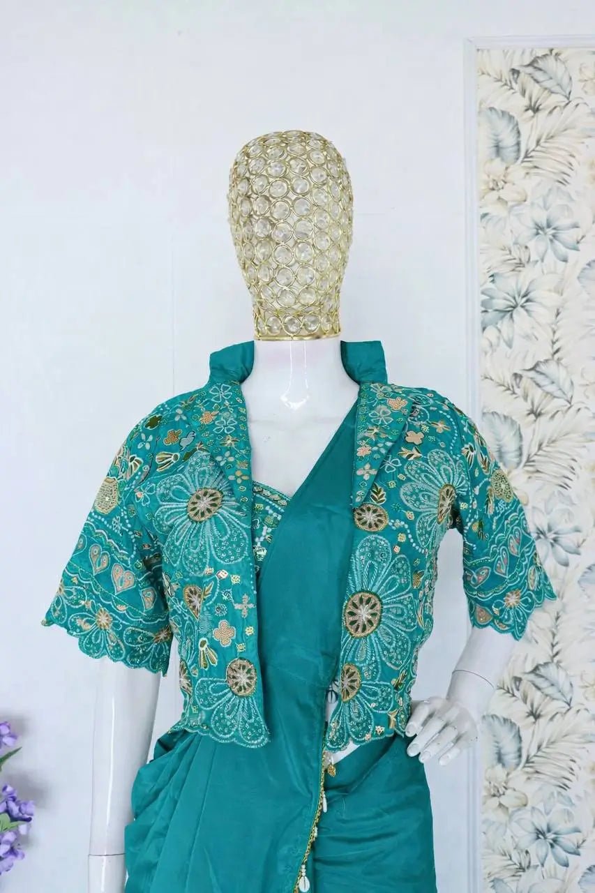 Ready to Wear Crepe Silk Saree with Embroidered Jacket and Blouse