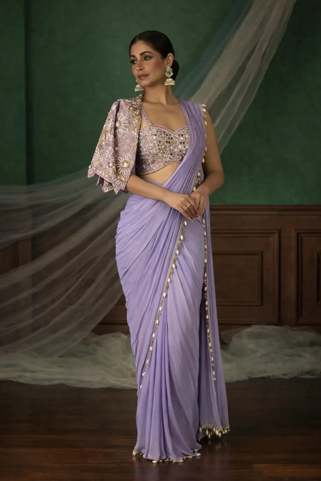 Ready to Wear Crepe Silk Saree with Embroidered Jacket and Blouse