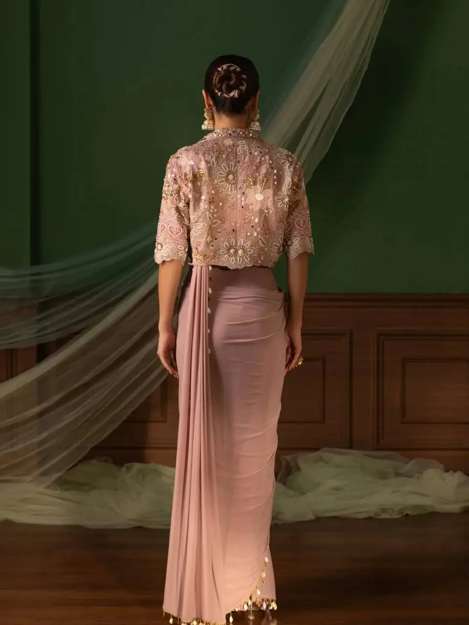 Ready to Wear Crepe Silk Saree with Embroidered Jacket and Blouse