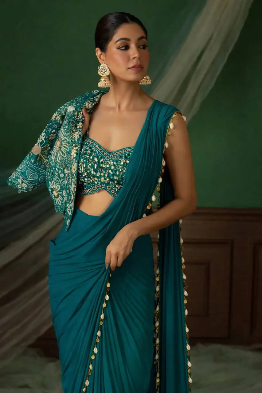 Ready to Wear Crepe Silk Saree with Embroidered Jacket and Blouse