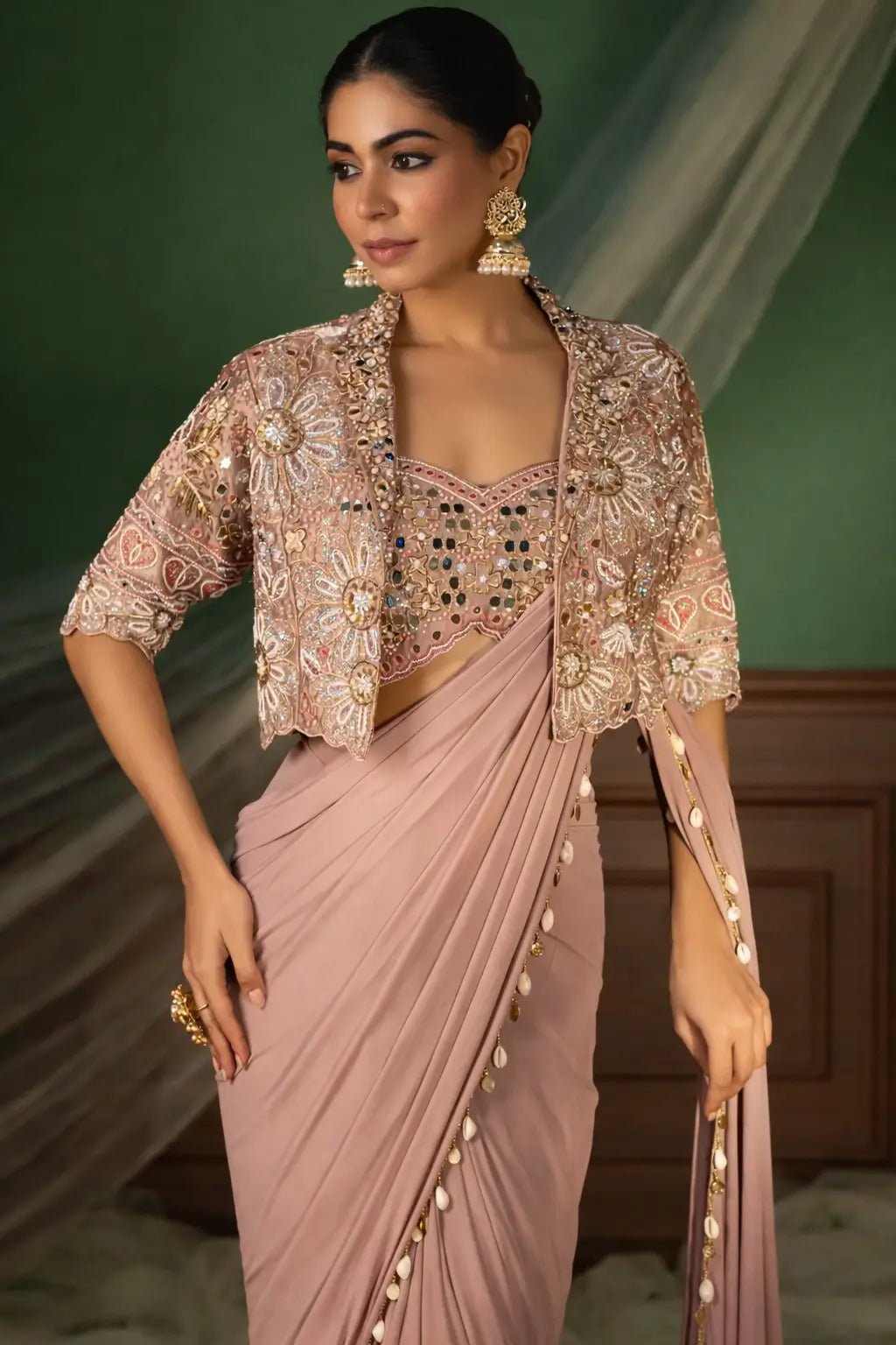 Ready to Wear Crepe Silk Saree with Embroidered Jacket and Blouse