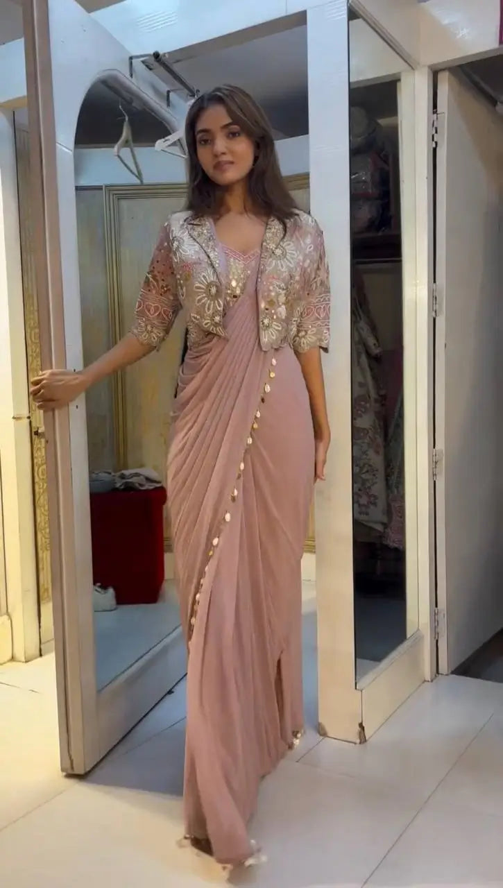 Ready to Wear Crepe Silk Saree with Embroidered Jacket and Blouse
