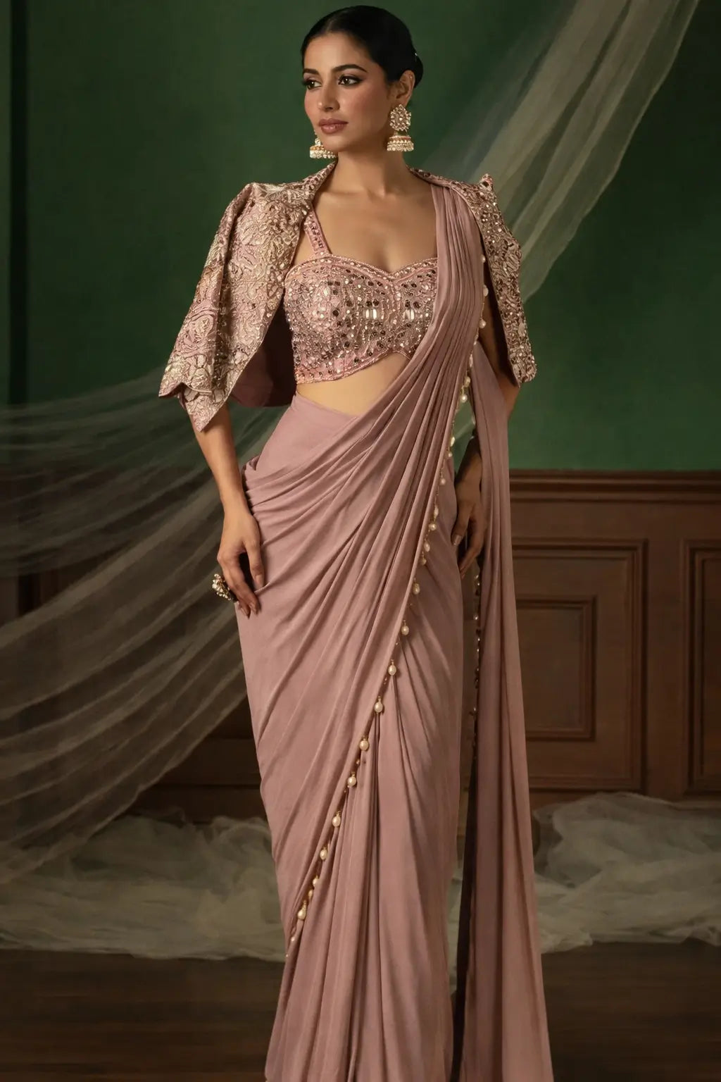 Ready to Wear Crepe Silk Saree with Embroidered Jacket and Blouse