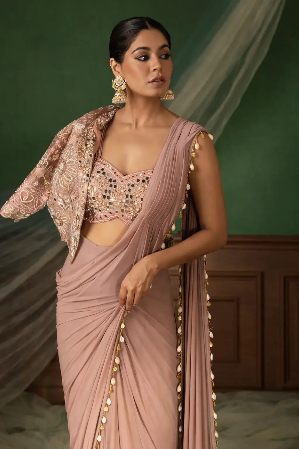 Ready to Wear Crepe Silk Saree with Embroidered Jacket and Blouse